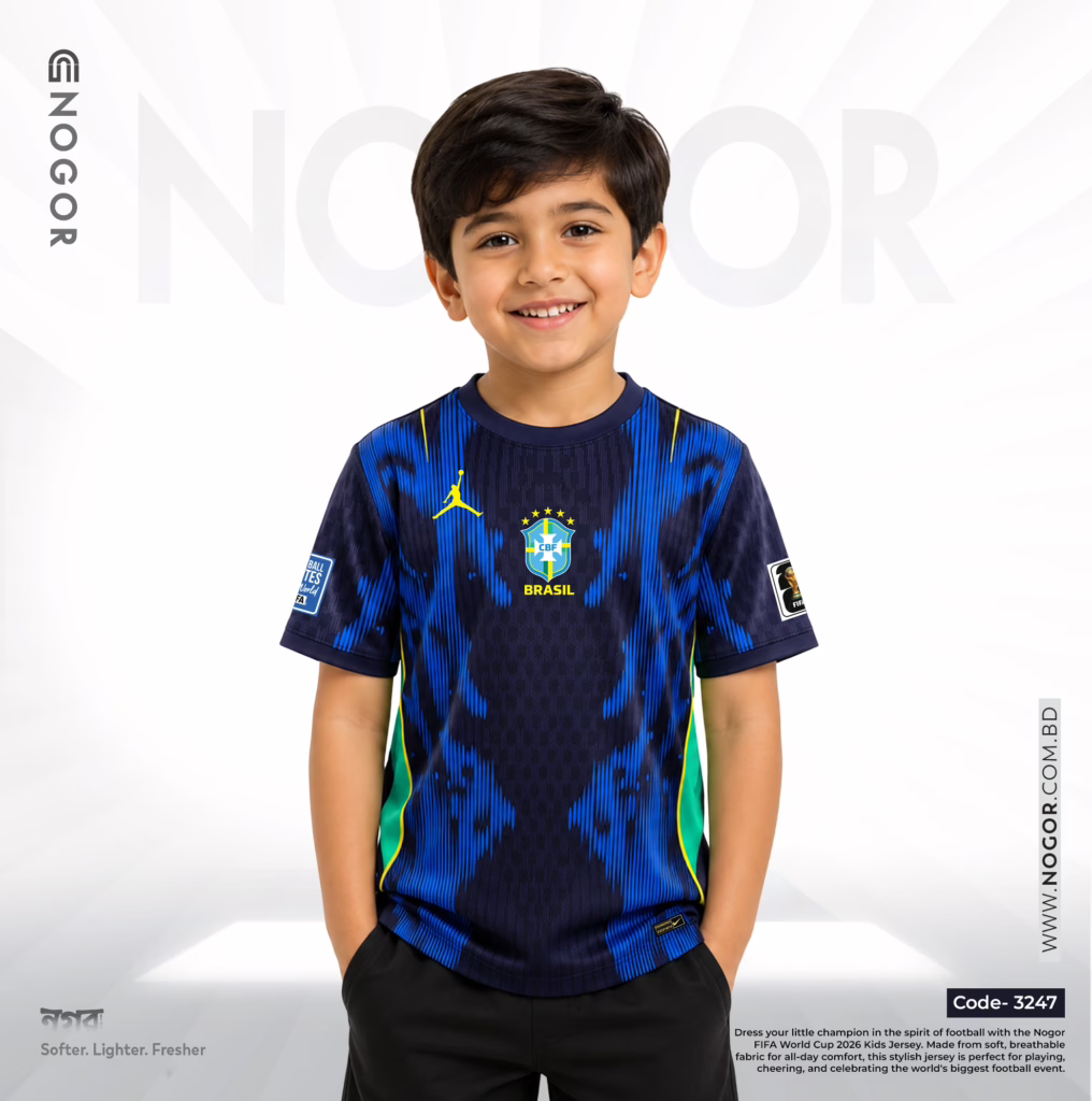 Brazil 2026 Away Kids Jersey Price in Bangladesh – Premium Mesh Fabric, 180 GSM, Full Sublimation Print NOGOR 3247 F
