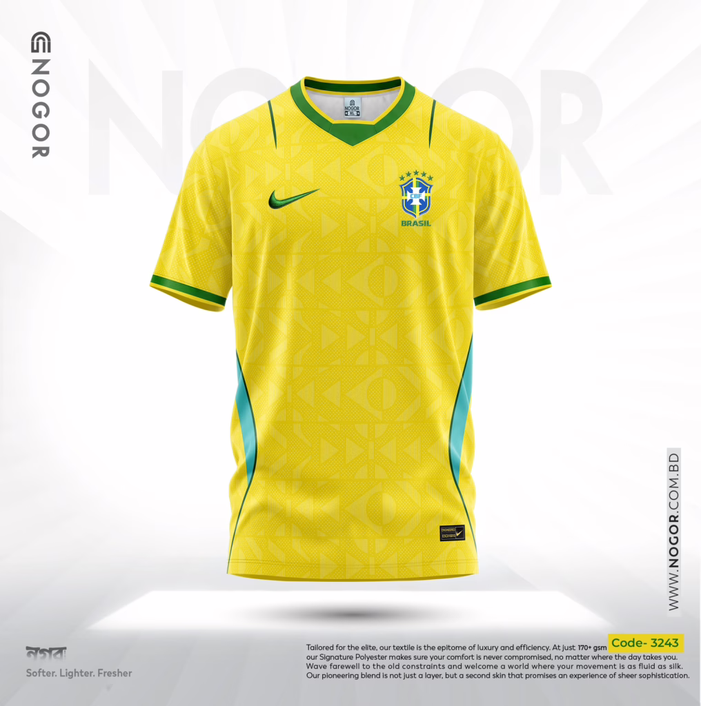 Brazil 2026 Home Jersey Price in Bangladesh – Premium Mesh Fabric, 180 GSM, Full Sublimation Print NOGOR