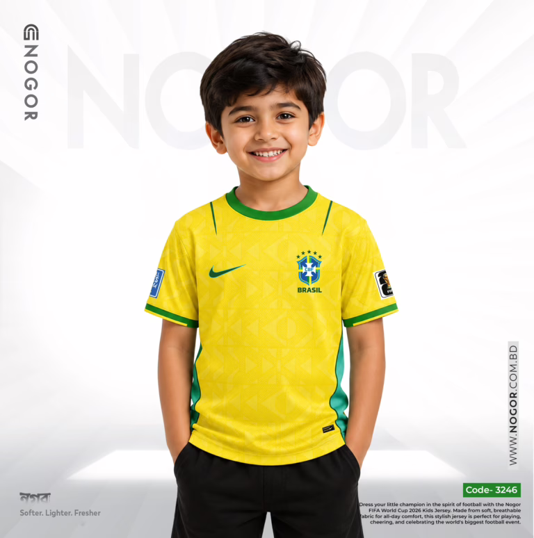 Brazil 2026 Home Kids Jersey Price in Bangladesh – Premium Mesh Fabric, 180 GSM, Full Sublimation Print NOGOR 3246 F